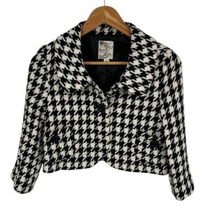 Tulle Houndstooth Cropped Jacket Blazer Womens Size Small Black White Wool Blend
